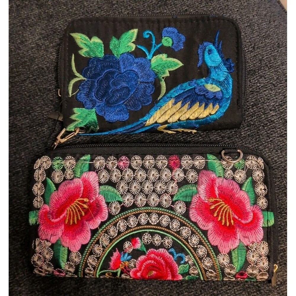 2x Multi Colored Mexican Floral Embroidered Wallets Shoulder Strap New & Used